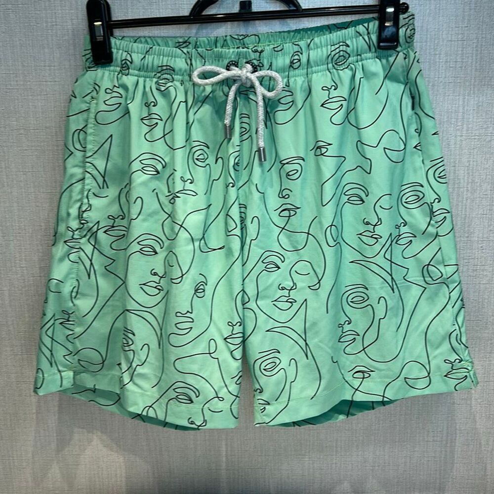YoungLA Mint Green Abstract Face Line Art Swim Shorts Sz Large *NO MESH LINING*